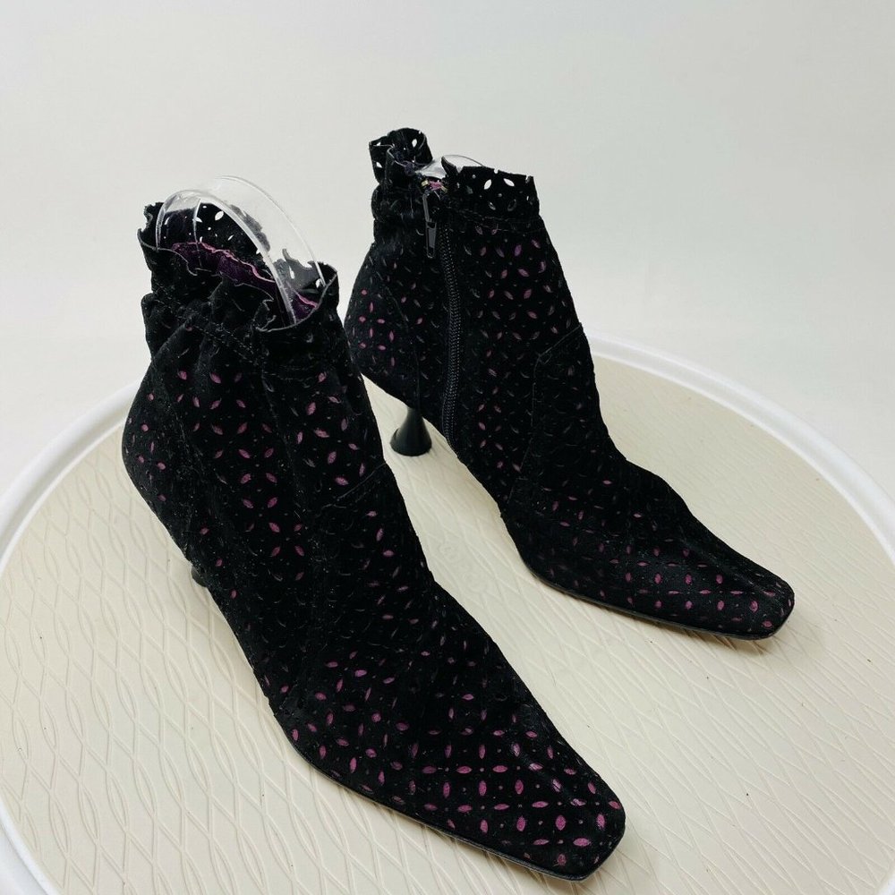 Kookai Victorian Ankle Boots 37 7 Black Purple Suede Steampunk Heel Edwardian